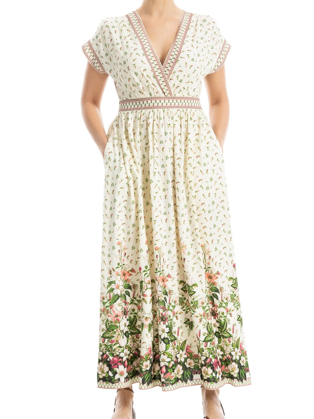 Max Studio Cream Floral Border V-Neck Maxi Dress
